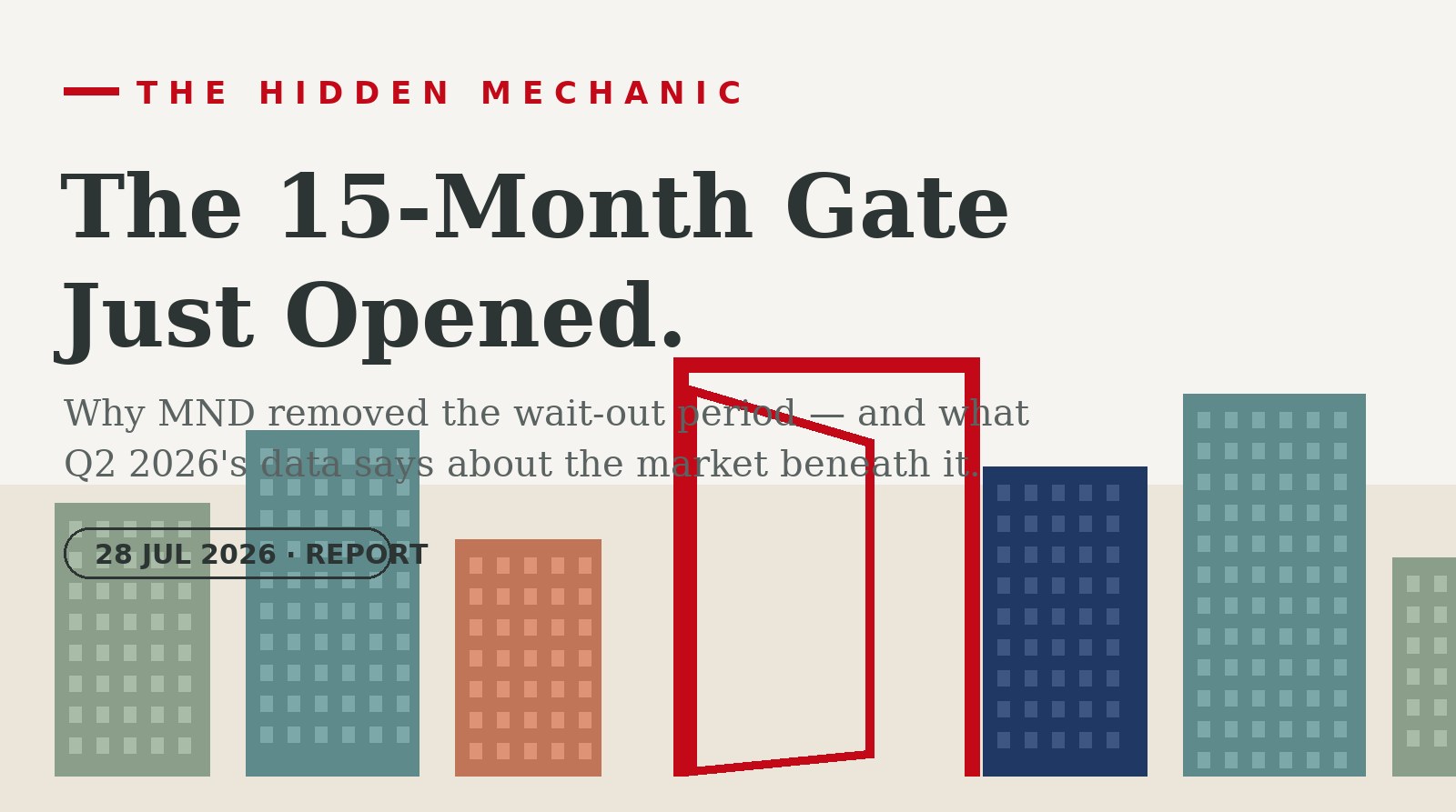 The Hidden Mechanic: the 15-month wait-out period removed — red gate opening in an HDB skyline