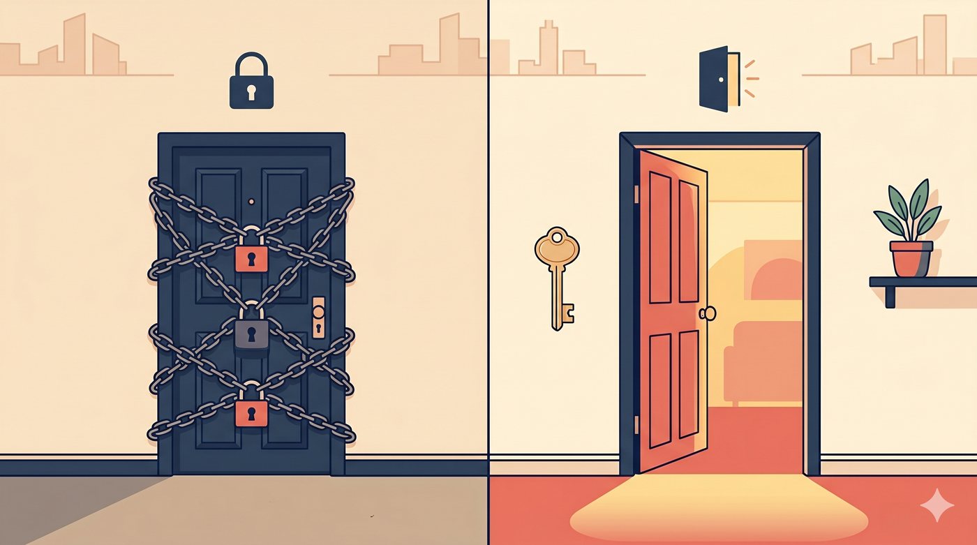 A chained, padlocked door beside an open door with a golden key — restrictions versus optionality