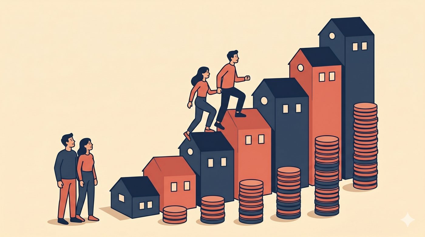 A staircase of houses with growing coin stacks — the compounding cost of waiting