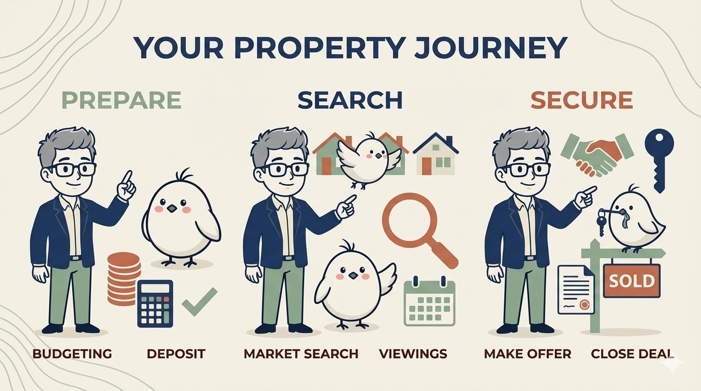 Illustration of the property upgrade journey — prepare, search, secure