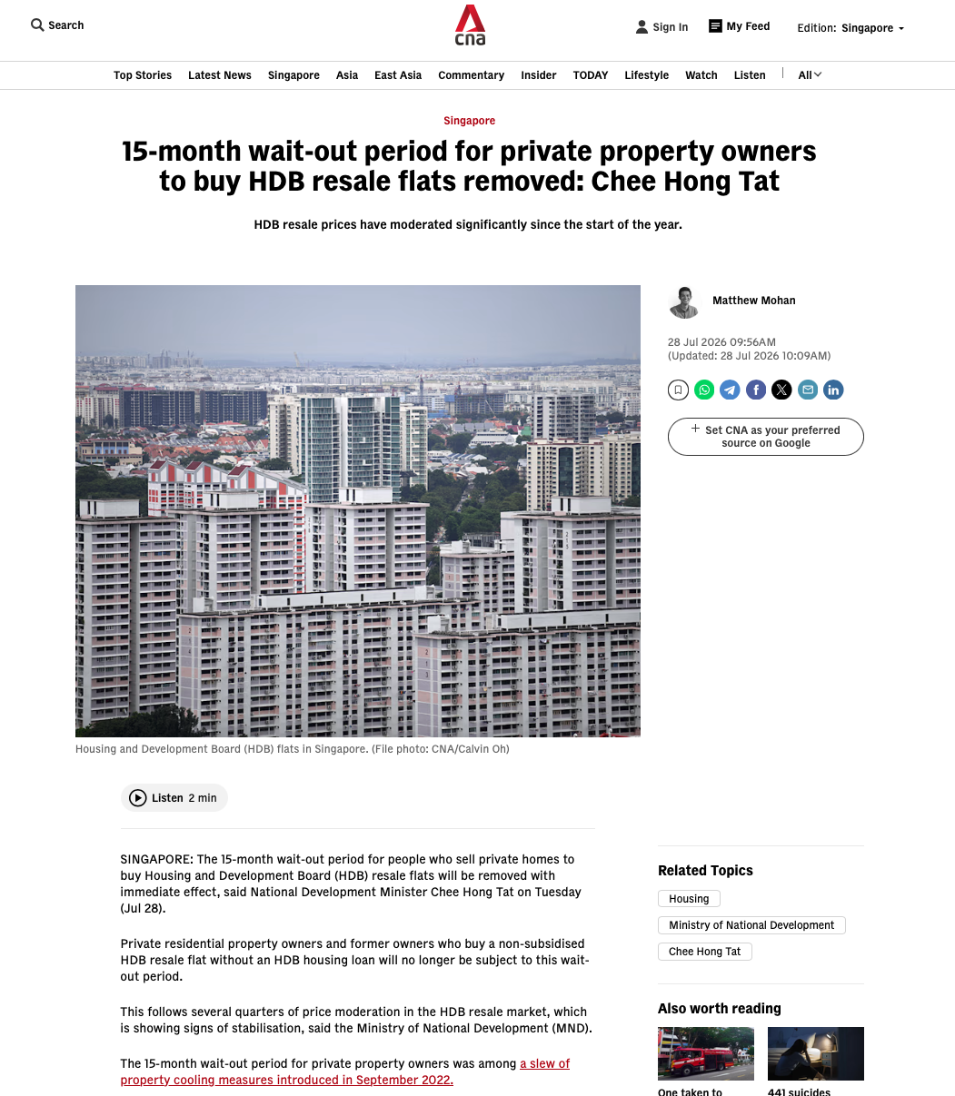 CNA article: 15-month wait-out period for private property owners to buy HDB resale flats removed