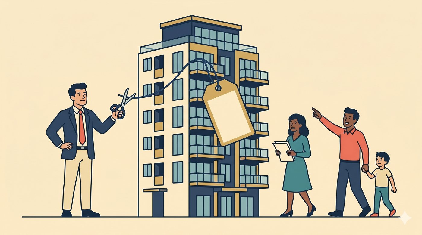 How to price your HDB resale flat — pricing strategy illustration with a price tag below market value